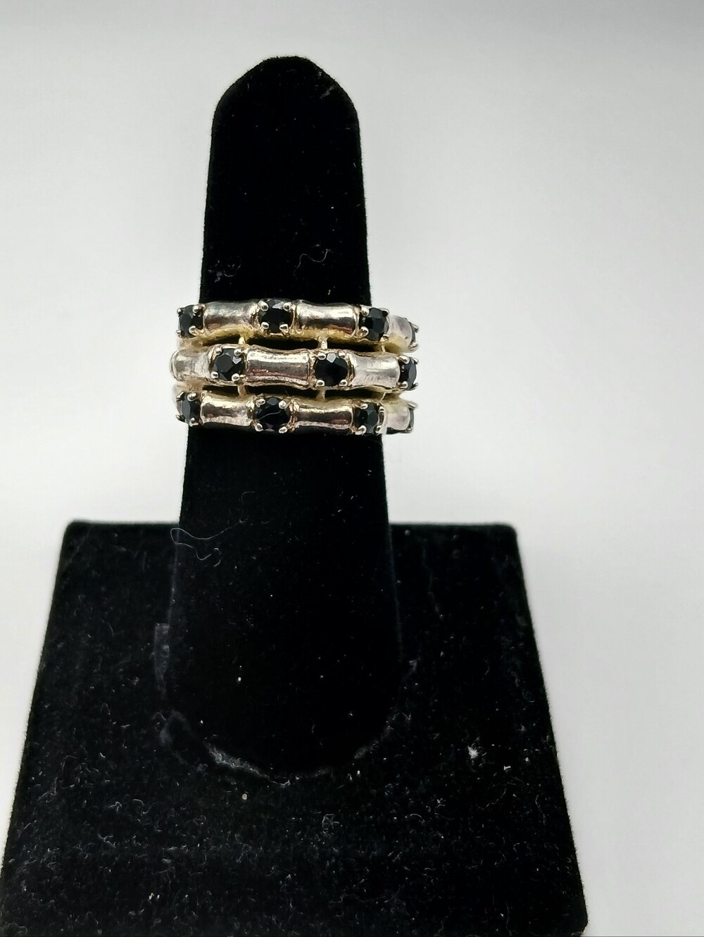 Vintage 925 Multi Tier Sterling Silver Bamboo Wide Band Ring Black Sapphire Sz